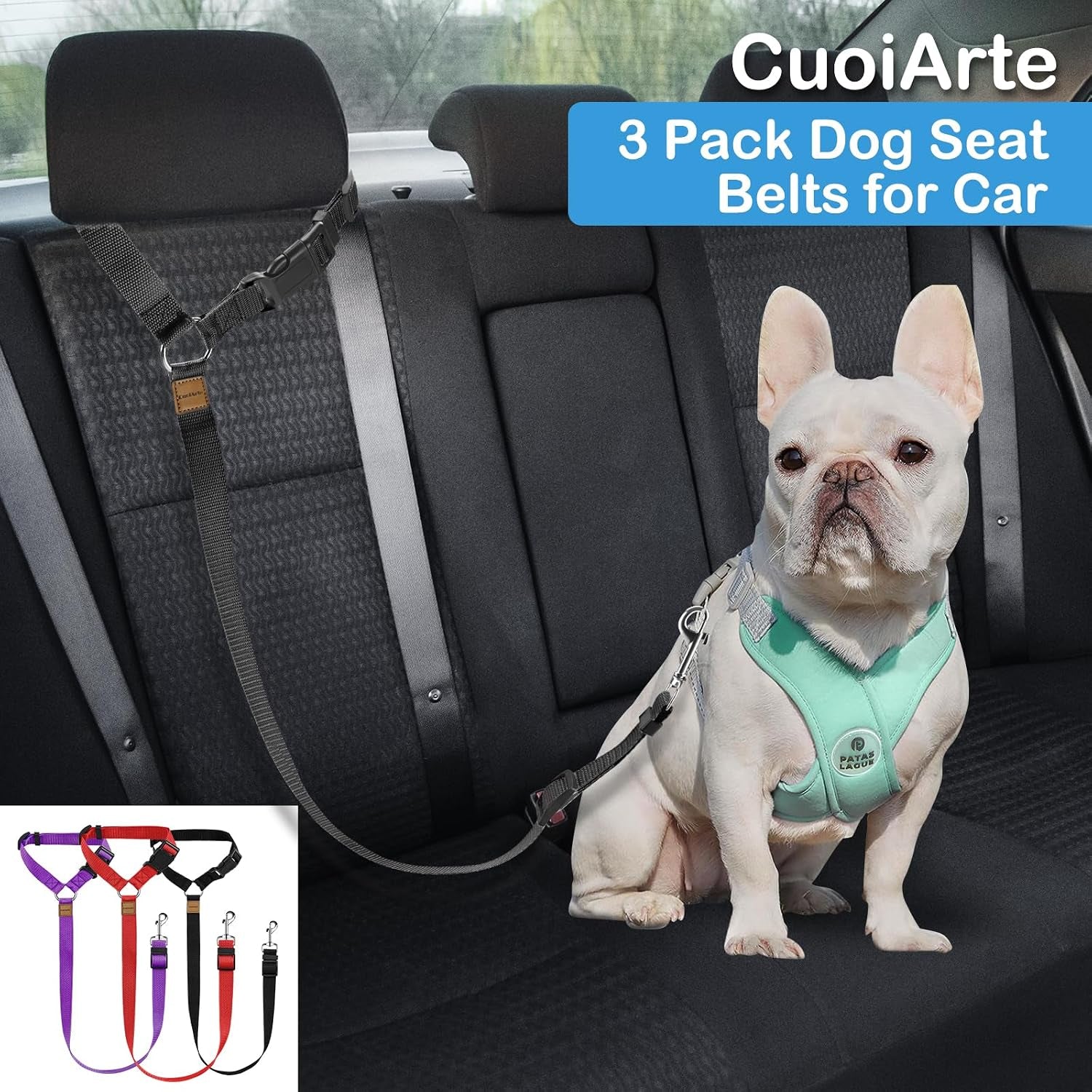 3 Pack Dog Seat Belt for Car, Car Headrest Restraint Adjustable Nylon Fabric, Dog Restraints Vehicle Seatbelts Harness (Black & Red & Purple)